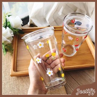 Daisy Aesthetic Cups, Iced Coffee Cup, Cute Glass Cup with Lid & Straw  Orange