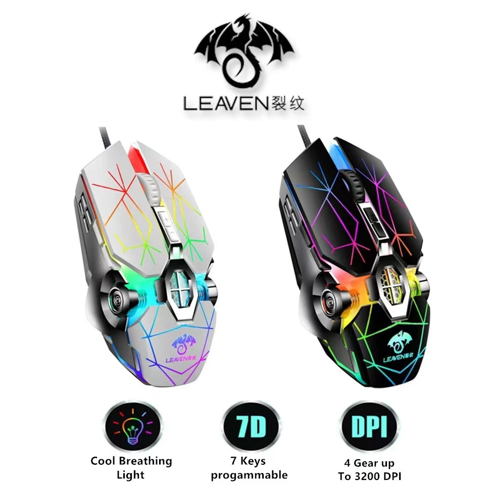 RGB Gaming Mouse LEAVEN S30 Metal Base 7 Keys Marco 3200 DPI Wired ...