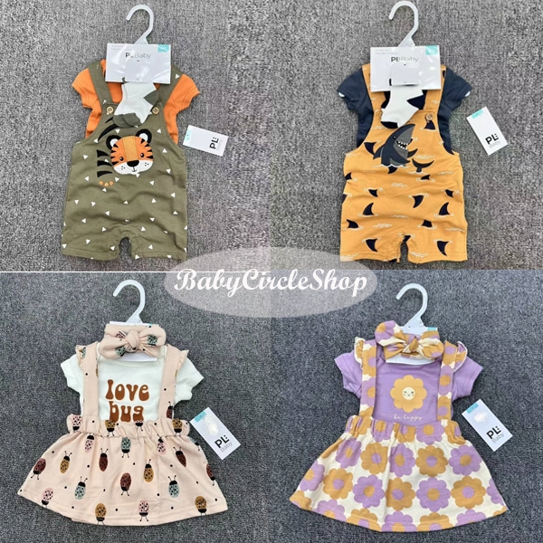 PL Baby Boy Rompers + Dungarees + Socks 3Pcs Set /Baby Girl Overall + Romper + Headband 3Pcs Set