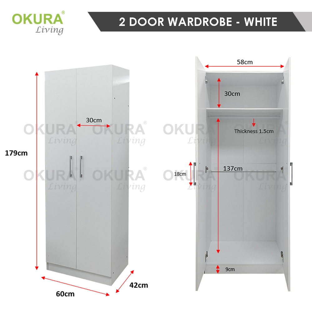 OKURA Modern 2 Door Wooden Wardrobe with Hanging Rod and Compartment