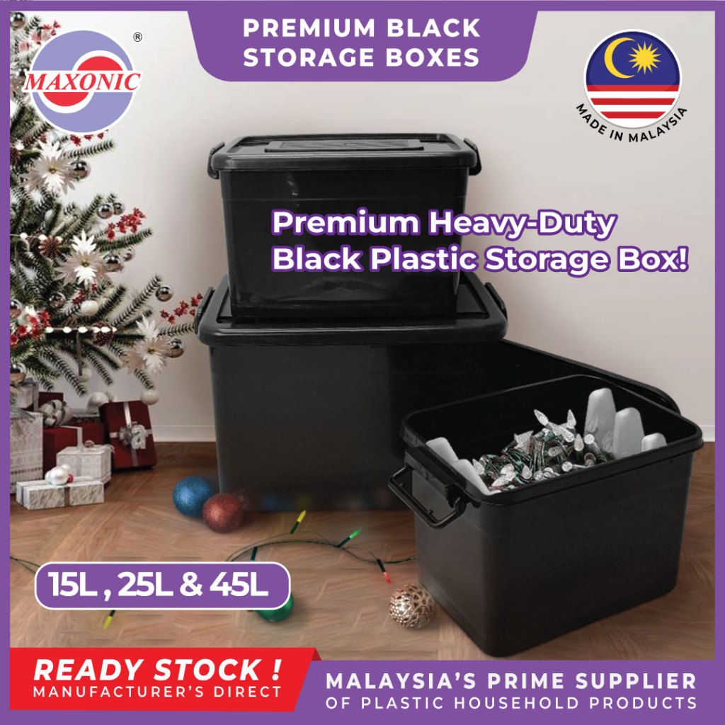 MAXONIC 15L/25L/45L BLACK PLASTIC STORAGE BOX WITH WHEELS STACKABLE