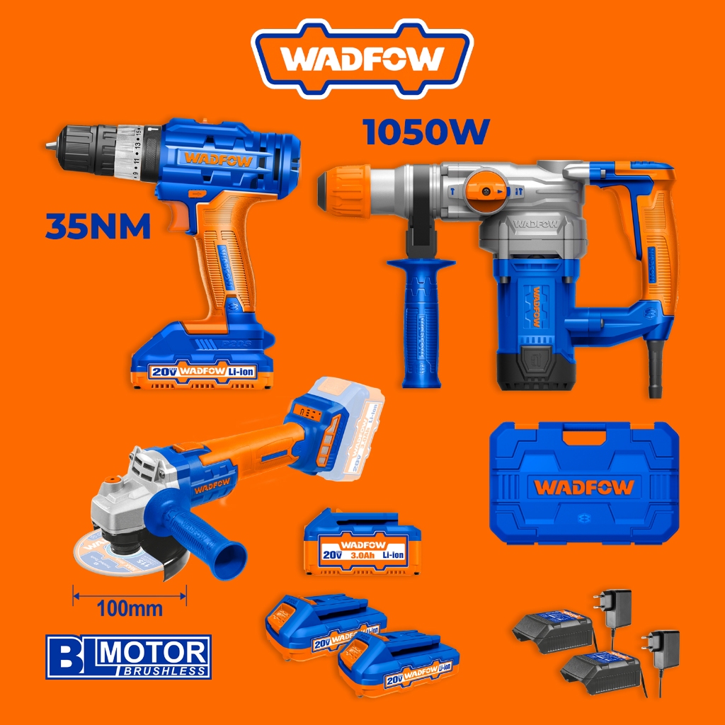 WADFOW 3 In 1 Combo Rotary Hammer Brushless Angle Grinder Cordless