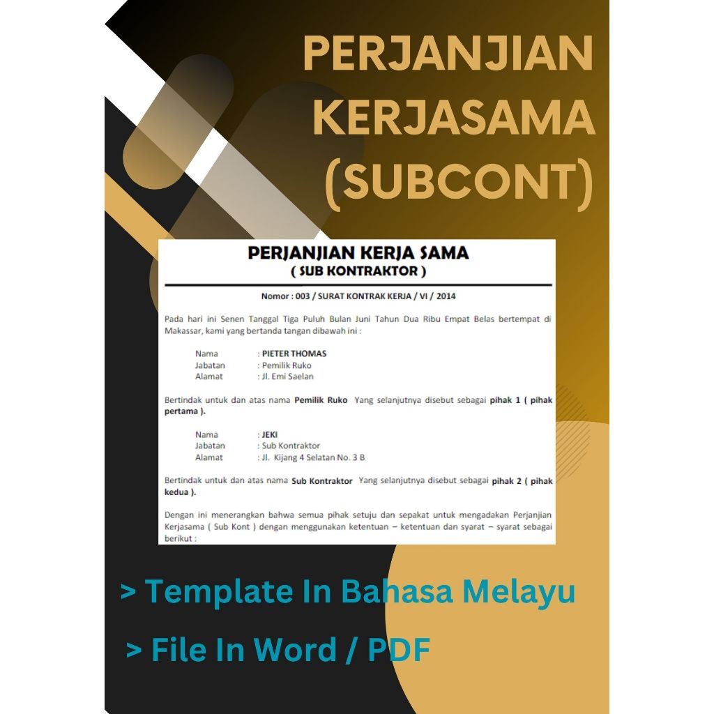SURAT PERJANJIAN SEWA BILIK / KEDIAMAN / KONTRAK / KERJASAMA SUBCONT ...
