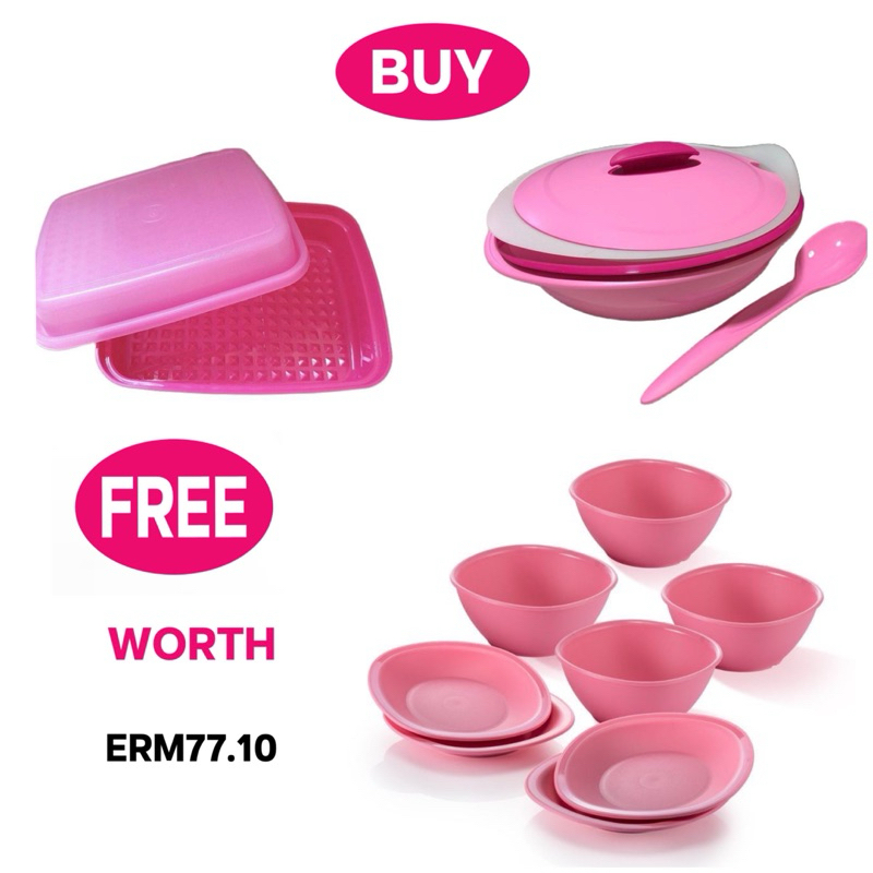 Tupperware Insulated Serving Set 1.5L set + Junior Season Serve with FOC  Dessert Plate & Bowl Set - 1 set Pink Set