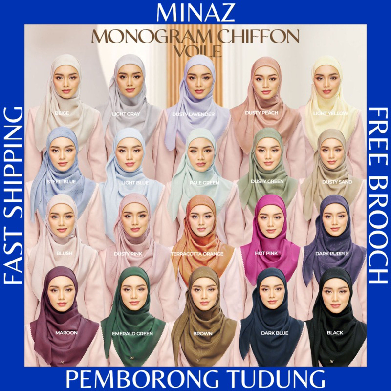 Minaz Hijab Bidang 45 (Free Brooch!) Tudung Bawal Plain Monogram ...