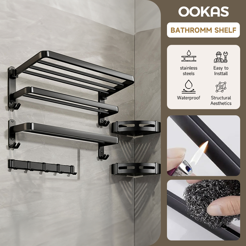 OOKAS Bathroom Organizer Rack Towel Rack Corner Shelf Tissue Holder