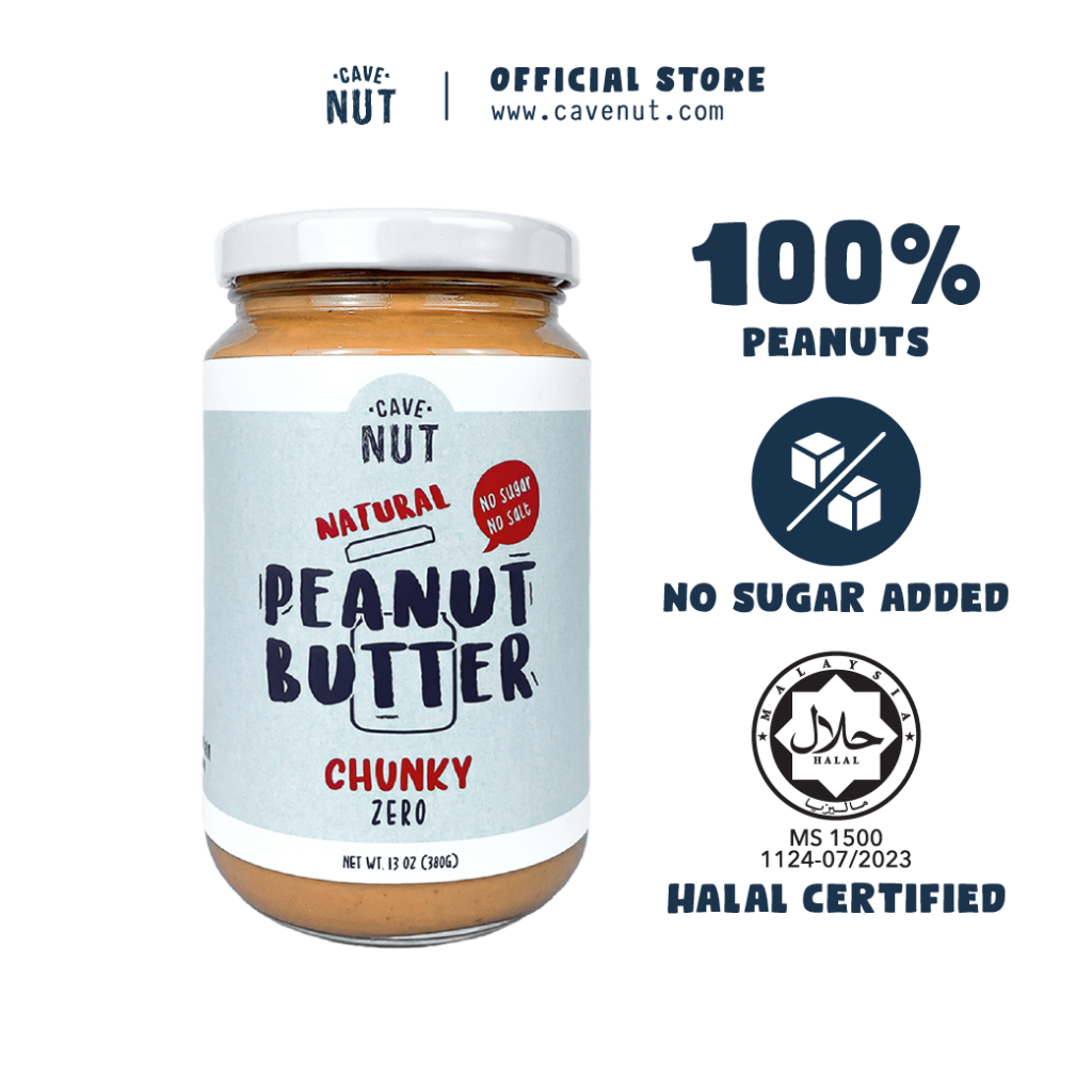 (No Sugar/Salt added) CaveNut Chunky Peanut Butter Zero (Halal) 380g