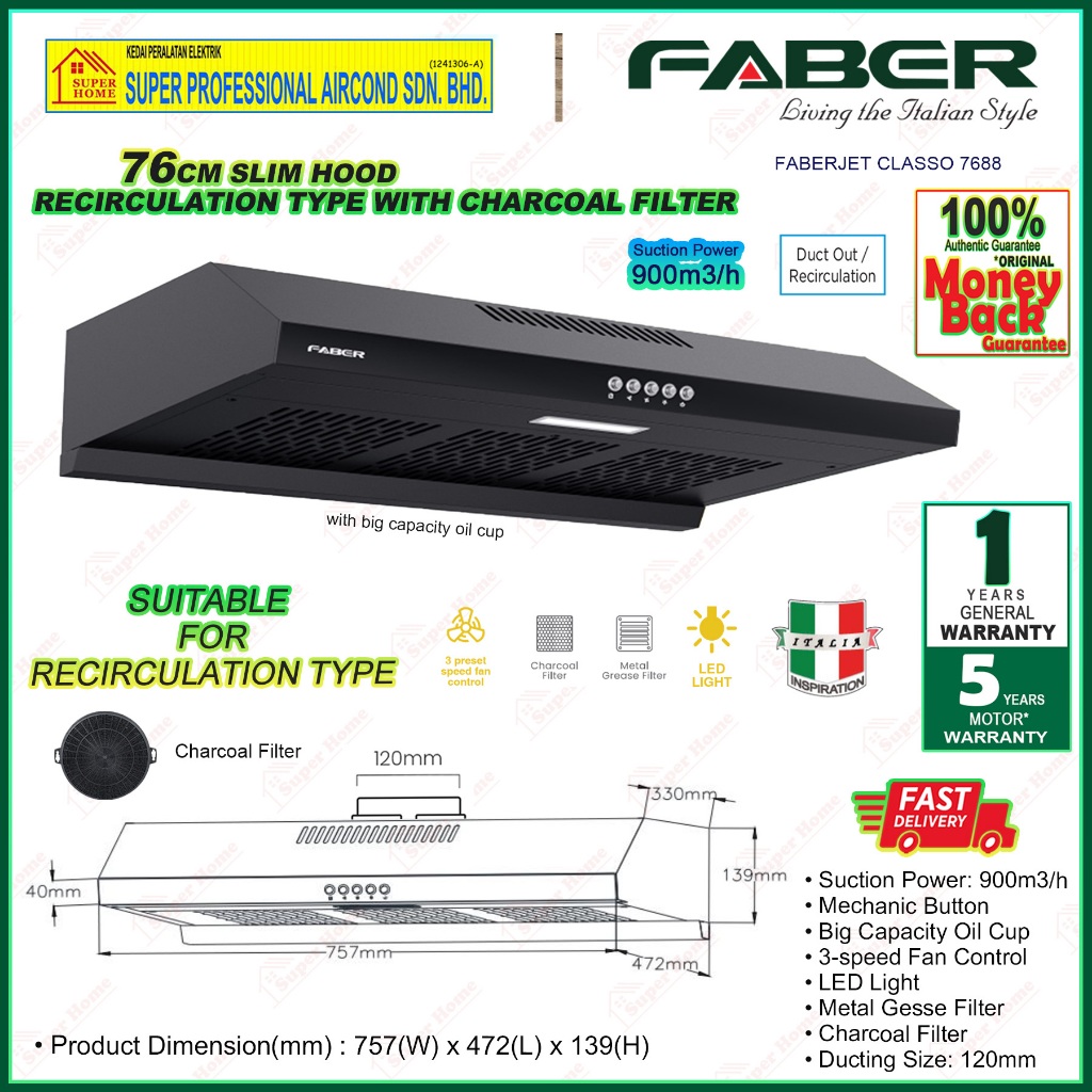 Faber Slim Hood FABERJET CLASSO 7688 Slim Cooker Hood recirculating