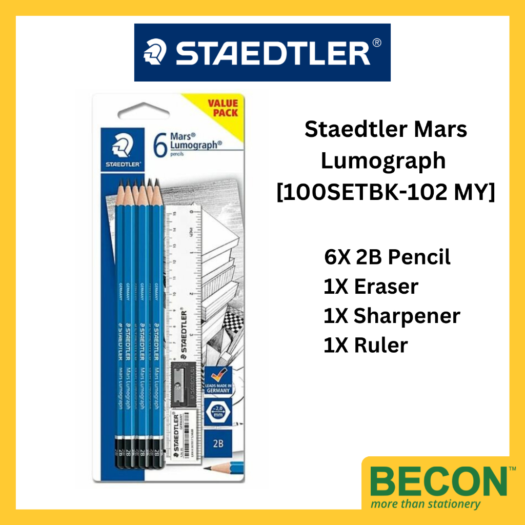 Staedtler Mars Lumograph 2B Pencil 6's +Eraser+Sharpener+Ruler[100SETBK ...