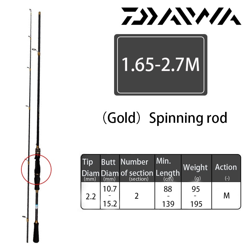 DAIWA Joran Pancing Carbon Lure Fishing spinning Rod 1.65m-2.7m M Power Rod  Casting Rod Spinning Sea Fishing Pole Spinning Rod(Gold) 1.65M/5.5FT