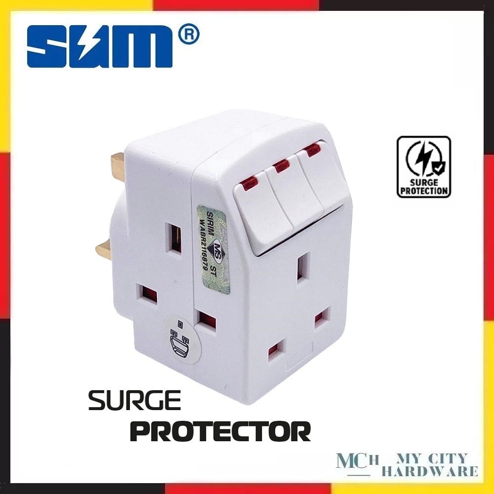 SUM S133N 3 Way 3 Pin Adaptor with Neon Switch & Surge Protector