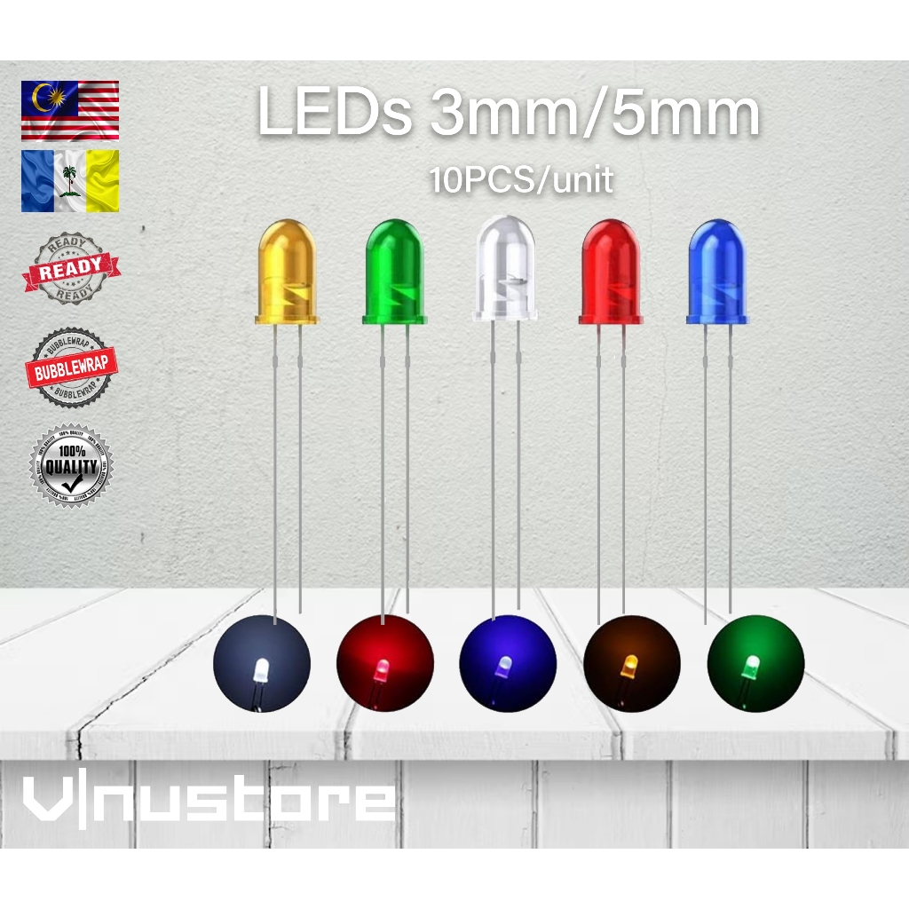 (10PCs) LED LEDs 3MM 5MM Light Emitting Diode Bulb DIY STEM RBT PROJECT ...