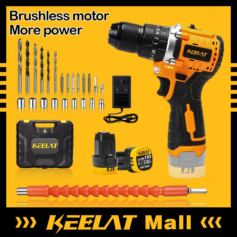 KEELAT KCD007 Brushless Cordless Drill Hammer Hand Impact Drill Set 2 ...