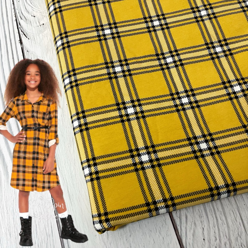 Kain Cotton Spandex Fabric plaid kotak mustard yellow kuning garis ...