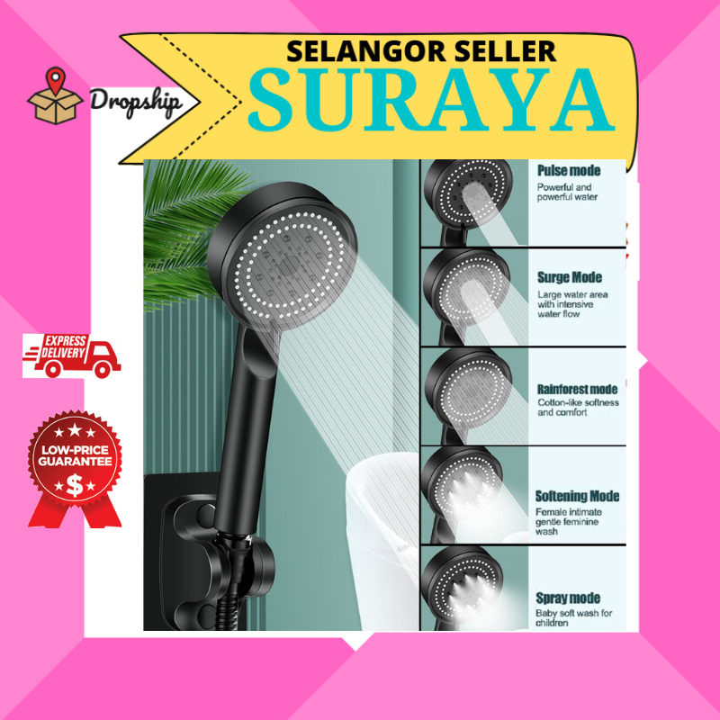 5 in 1 Shower Head Water Saving Black 5 Mode Adjustable High Pressure ...