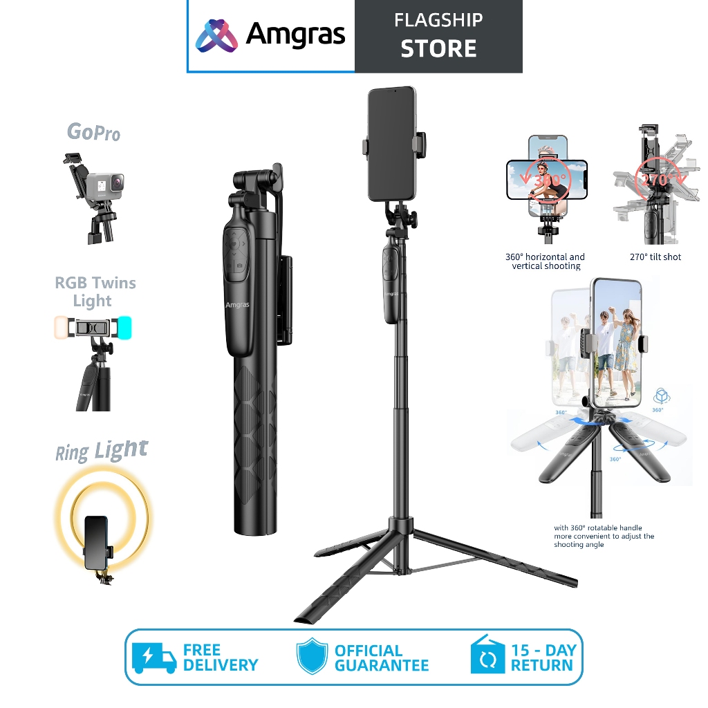 Amgras Tripod S02 Pro Anti-shake Selfie Stick Tripod For Phone Monopod ...