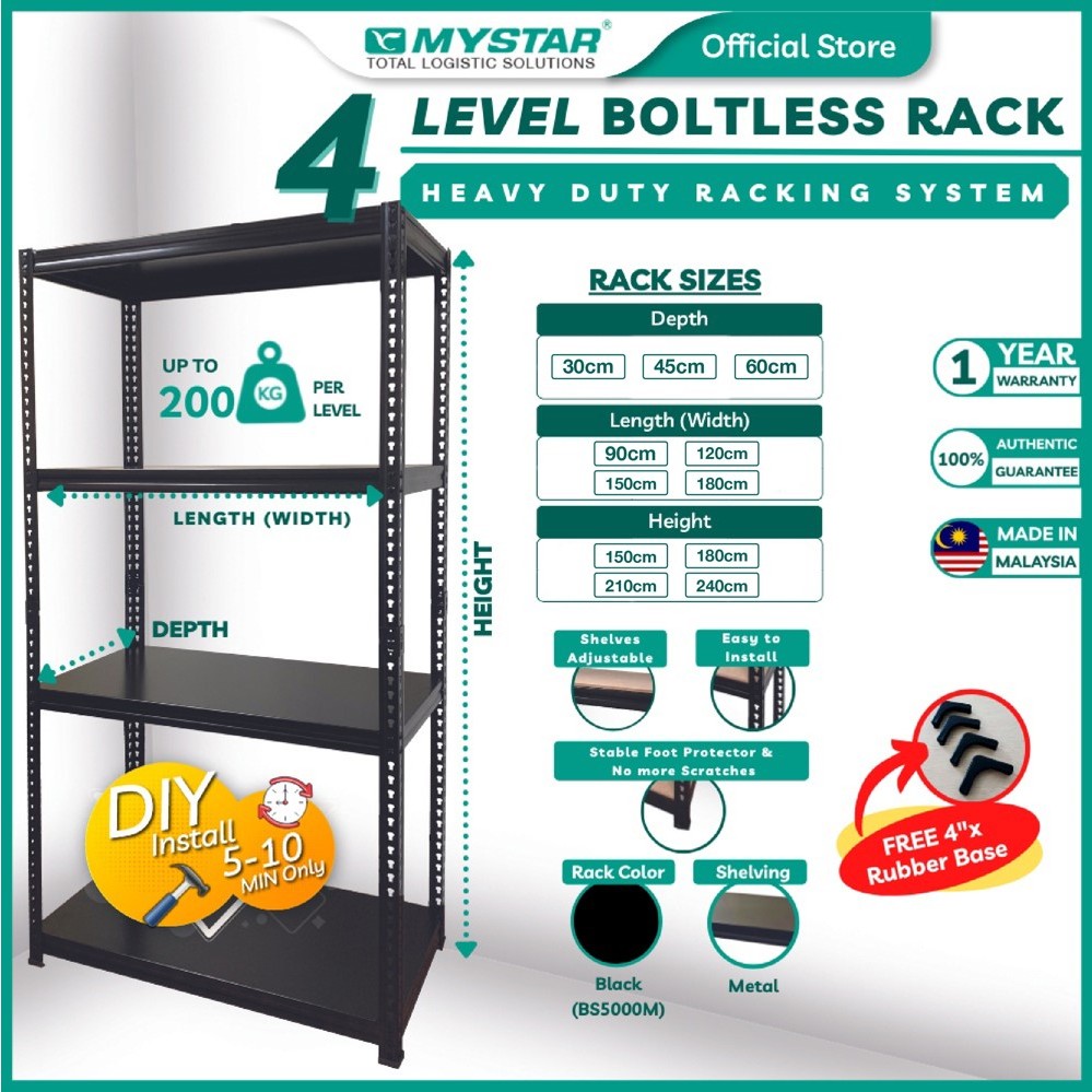 MYSTAR Boltless Rack Medium Duty Series 4 Level 200KG BLACK Metal ...