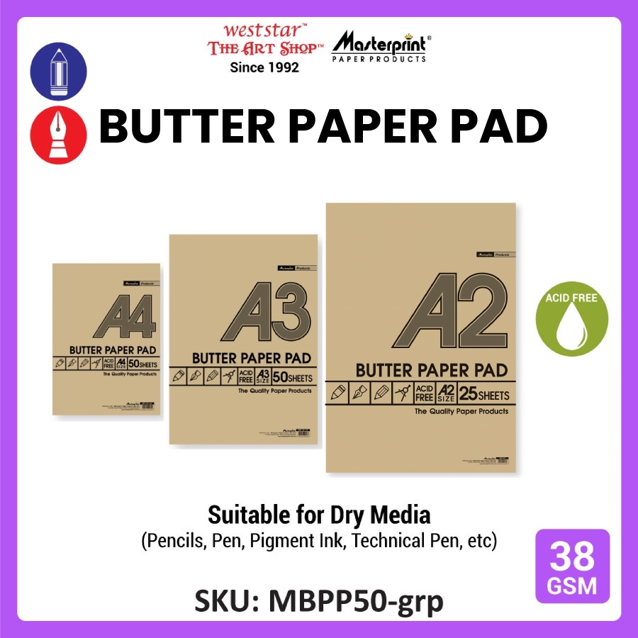 Masterprint Butter Paper Pad A4, A3, A2, A1 Butter Pad (38gsm) 50sheets ...