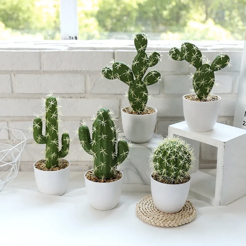 Artificial Potted Green Cactus Fake Plastic Cactus Home Office