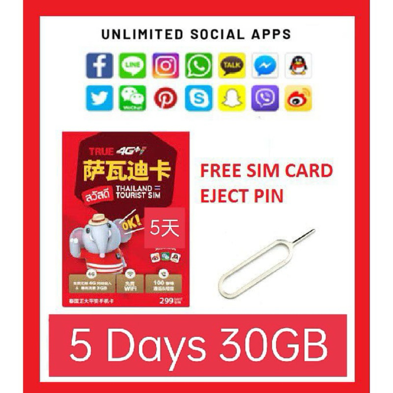 Thailand SIM CARD TRUEMOVE 5 Days (30GB +Unlimited Social Apps) Shopee Malaysia
