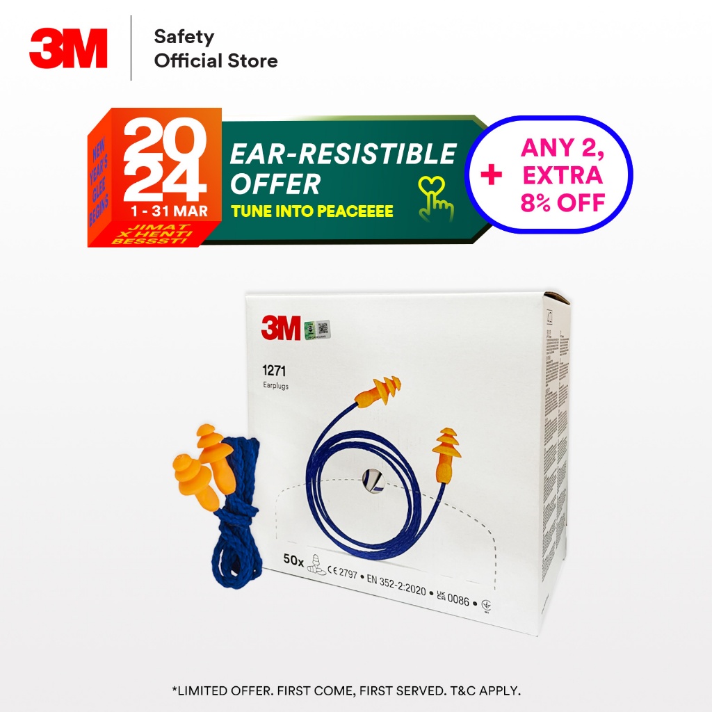 [Sell by Box] 3M 1271 Reusable Earplugs With Plastic Cord / Optional ...