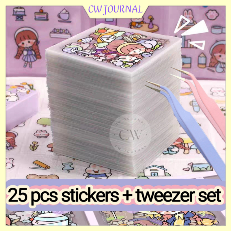 CW Journal 25 pcs PET Cute Stickers and 1 pcs tweezers Set Starter Kit ...