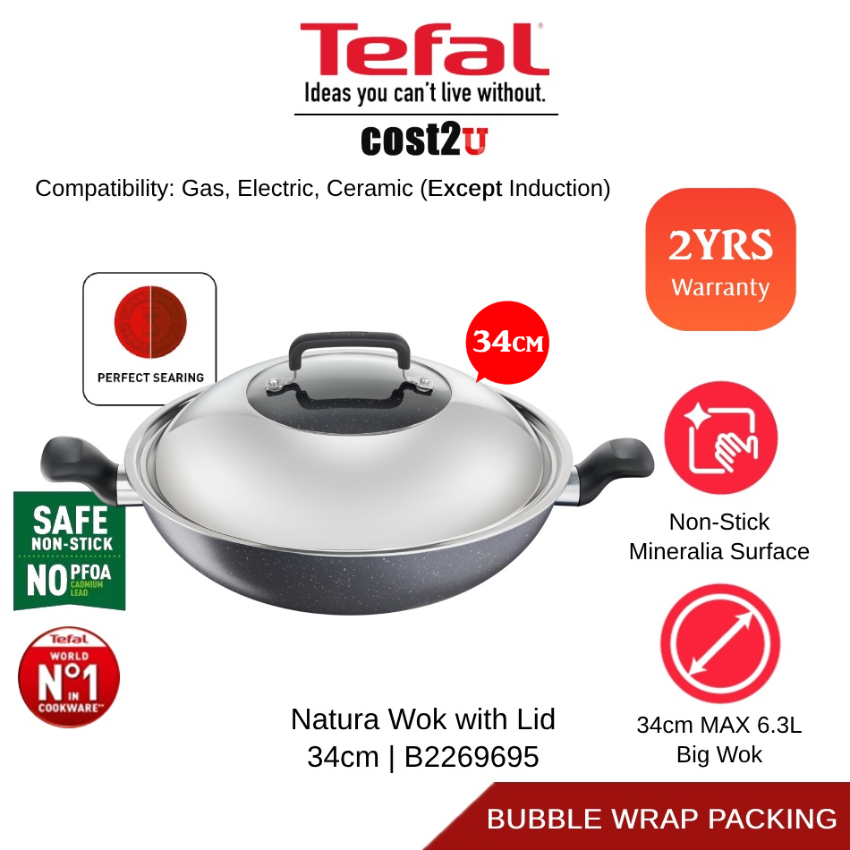 Tefal Non Stick Natura Big Wok With Lid 34cm B22696 Kuali Big Fry Pan Deep Wokpan Cookware