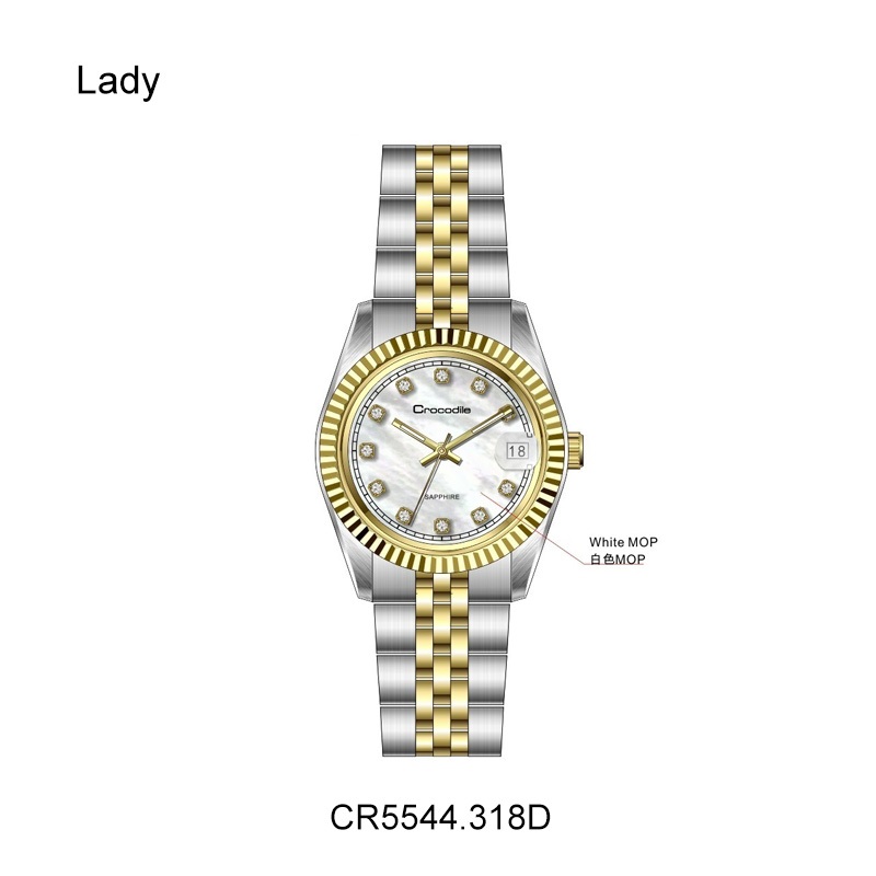 Crocodile Japan Quartz Sun Ray Line MOP Dial CZ Crystal All