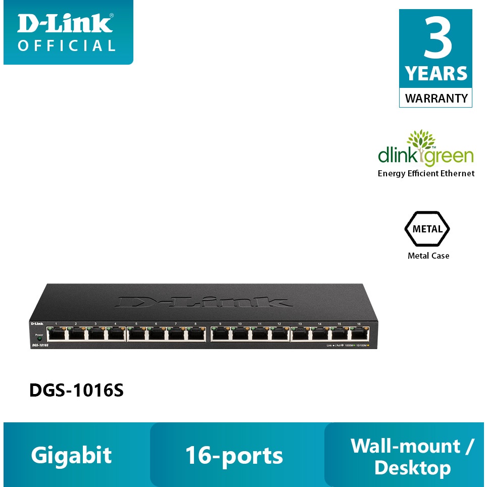 D-LINK 16 port gigabit desktop switch slim design metal case for office ...