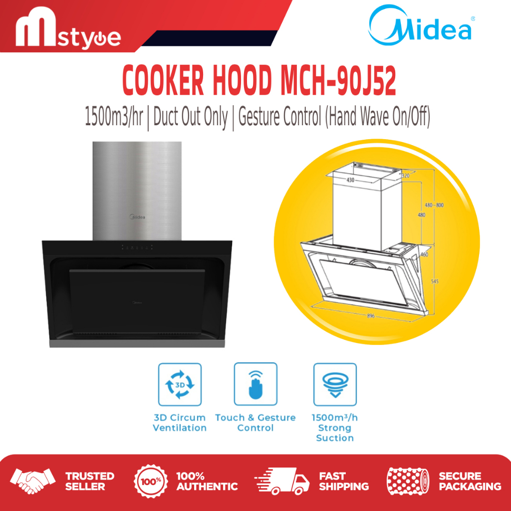 Midea MCH-90J52 Cooker Hood 1500m3 With Gesture Control (Duct Out Or ...