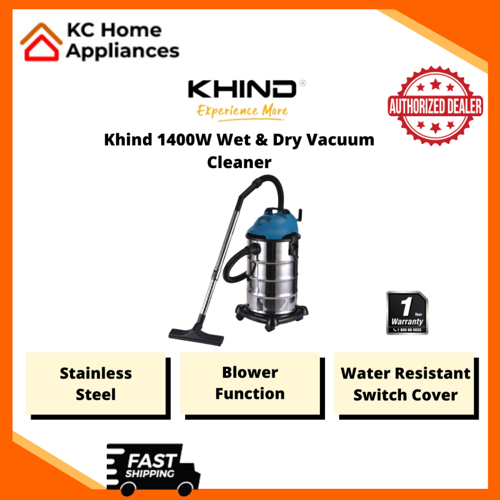 Khind Wet & Dry Vacuum Cleaner 1400W Stainless Steel Overheat
