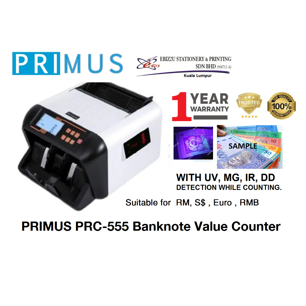 PRIMUS PRC-555 Banknote Value Counter Front Loading, MYR , USD , GBP , AUD  , SGD , CNY , RUB , MOP | Shopee Malaysia