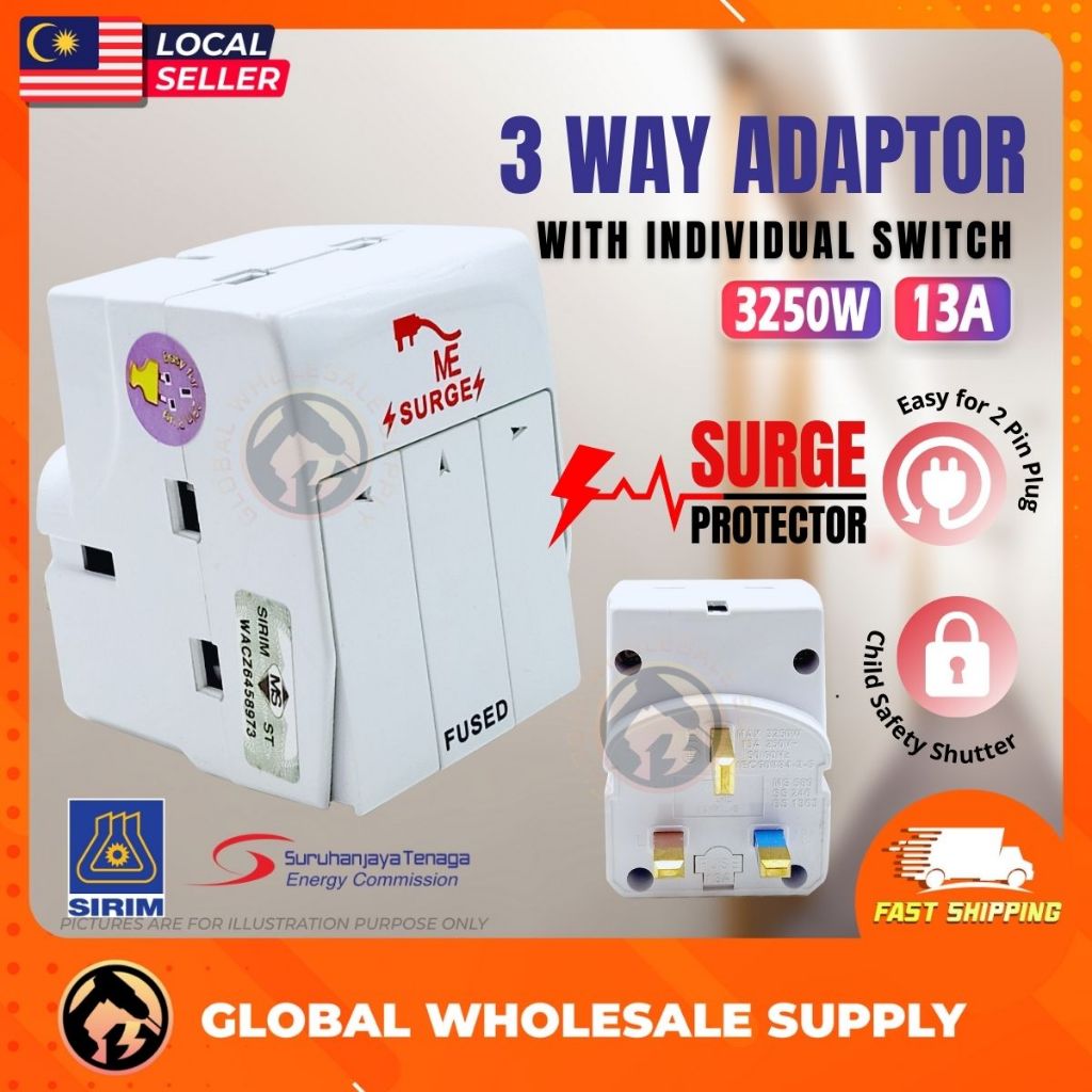 13A 3WAY Adaptor CW Individual Switch & Neon Safety Shutter 13A Easy ...