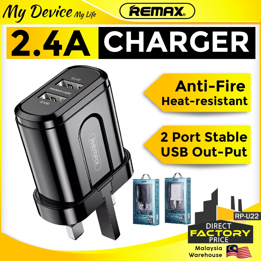 100% Original REMAX RP-U22 2.4A Dual Port USB Plug Charging Travel ...