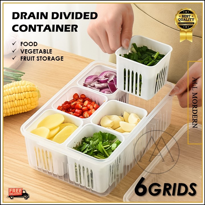 6 Grids Double Layer Food Storage Container with Drain Basket Kitchen ...