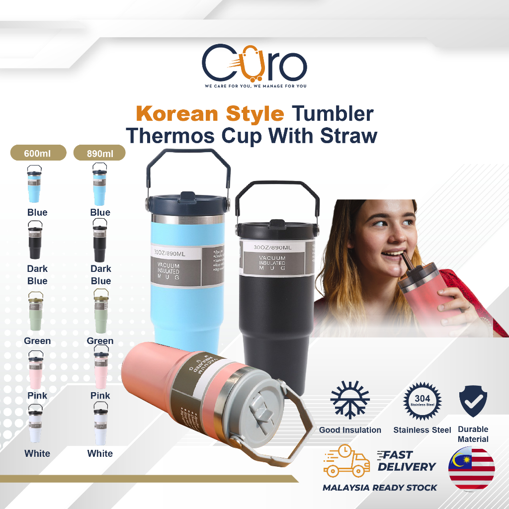 CURO Korean Style Flask Thermos Cup With Straw Ins Style 304 Stainless Steel Thermos Bottles