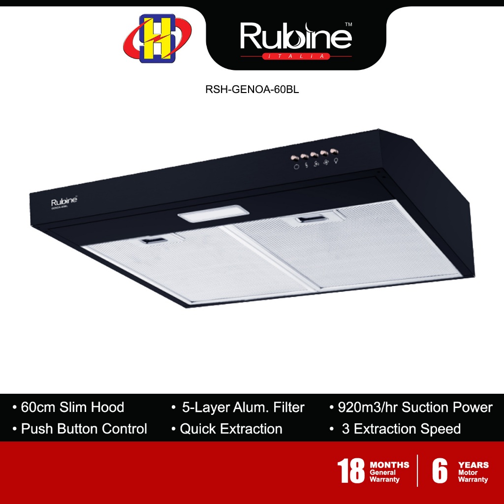 Rubine Slim Hood 60 Cm Push Button Control With 3 Quick Extraction