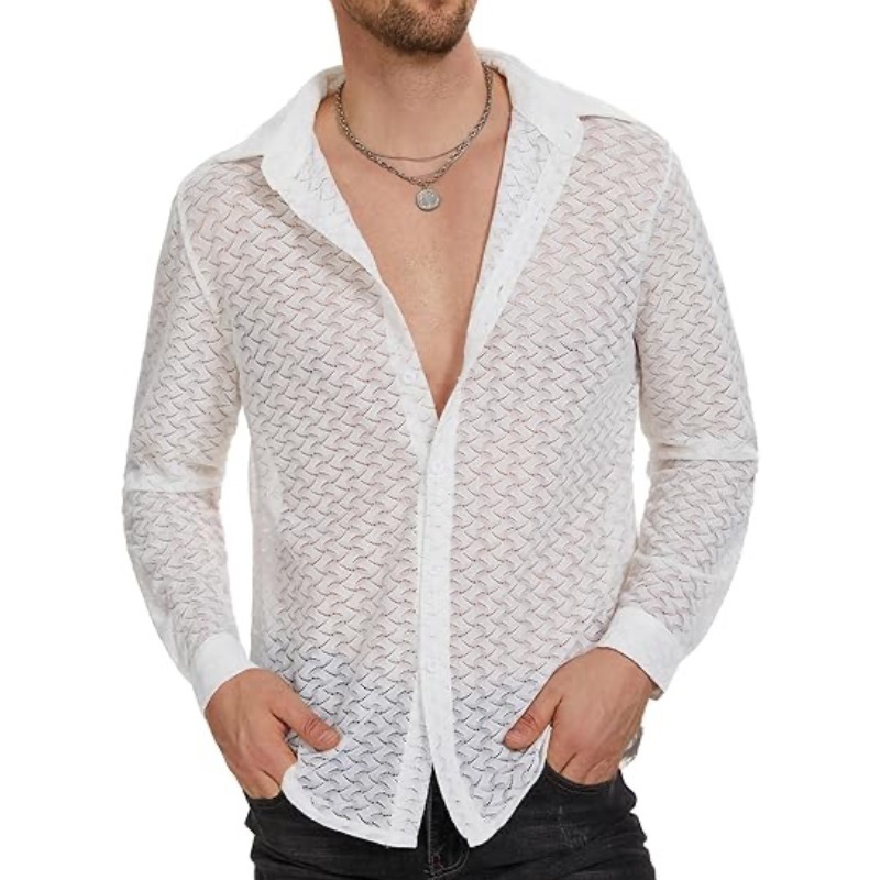 Men's Stylish Mesh Button-Up Shirt - Perfect for Nightlife and Casual ...