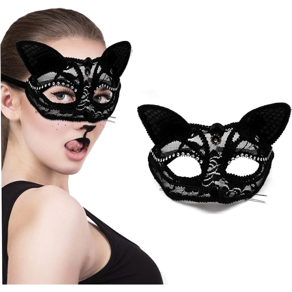 Halloween Black Cat Fox Rhinestone Lace Mask Animal Half Mask for Women ...