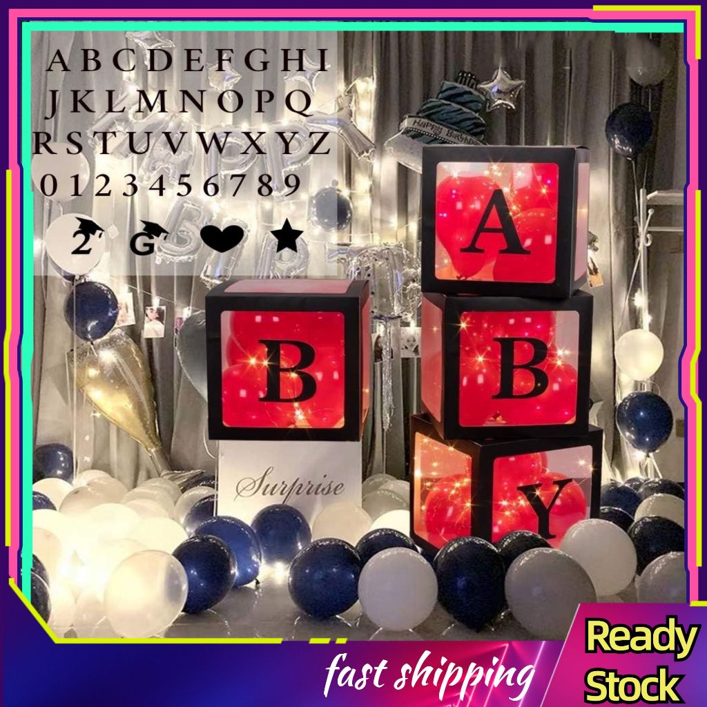 Balloon Transparent Black Box A-Z Letter Birthday Party Kotak huruf ...