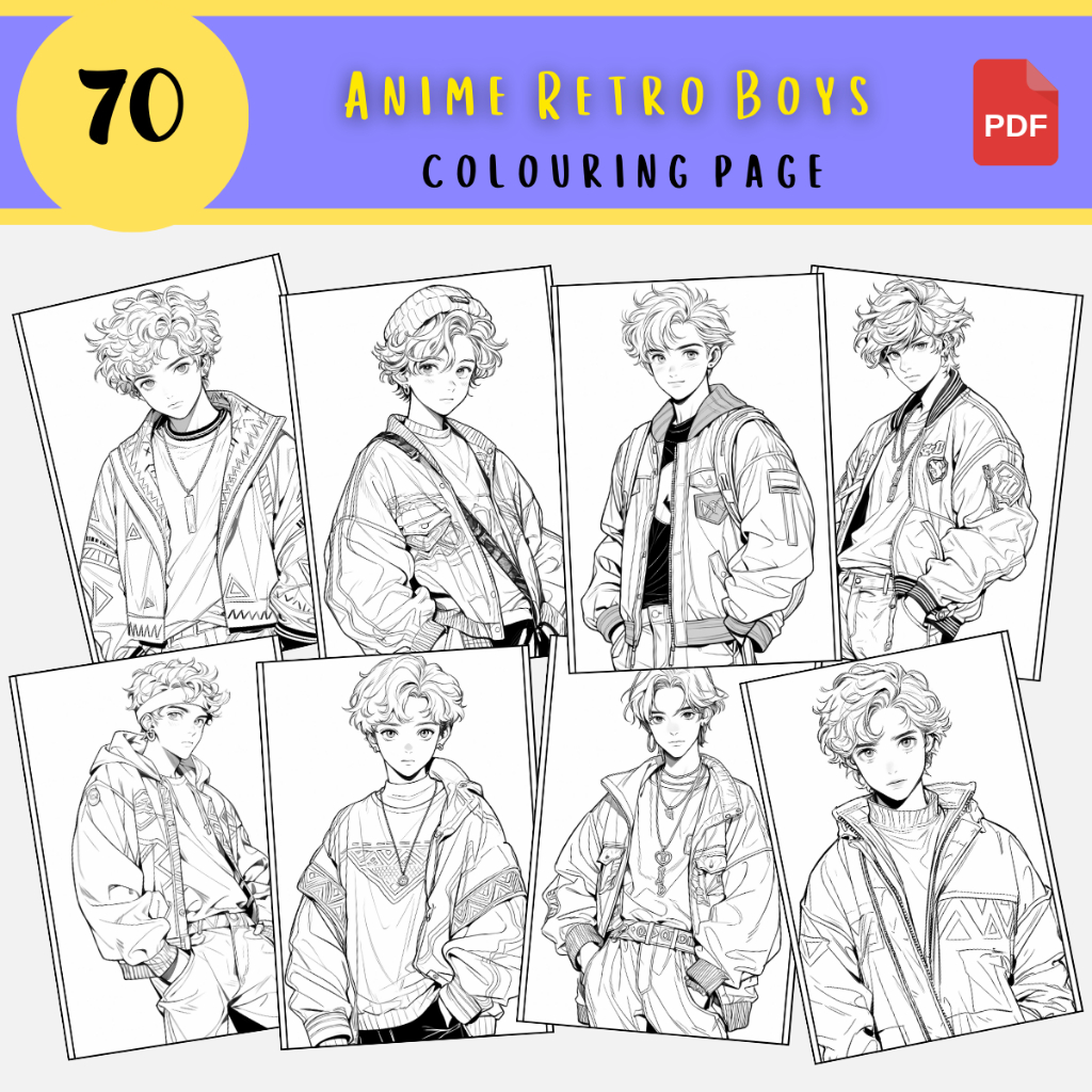 [PDF] A068 Anime Retro Boys Colouring Pages | Adult Colouring Book ...