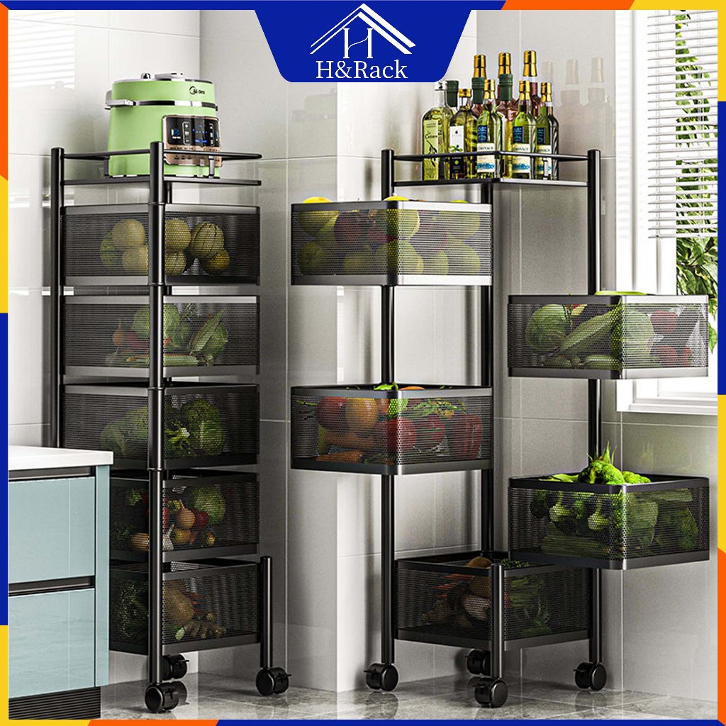 H&Rack Rotating Rack with Wheel Round fruits storage basket 360 degree ...
