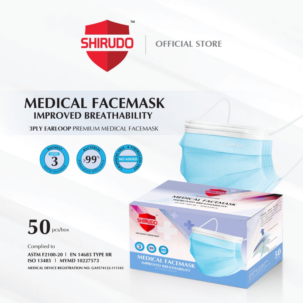 Shirudo 3ply Earloop Premium Medical Facemask [50pcs/box] | Shopee Malaysia