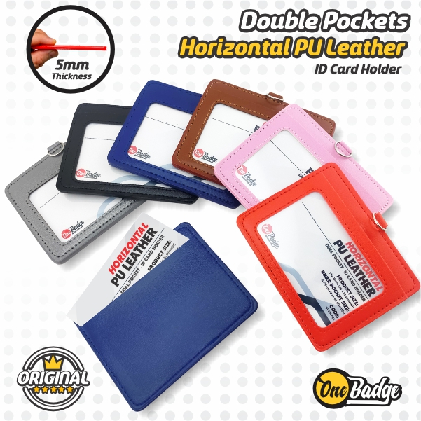 Horizontal DOUBLE Slot PU Leather ID Card Holder Landscape Dual