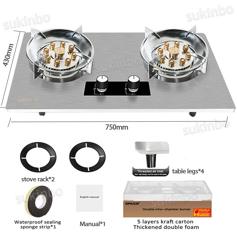 SUKINBO 8.5KW Double Burner Stainless Steel Gas Stove Desktop Embedded ...