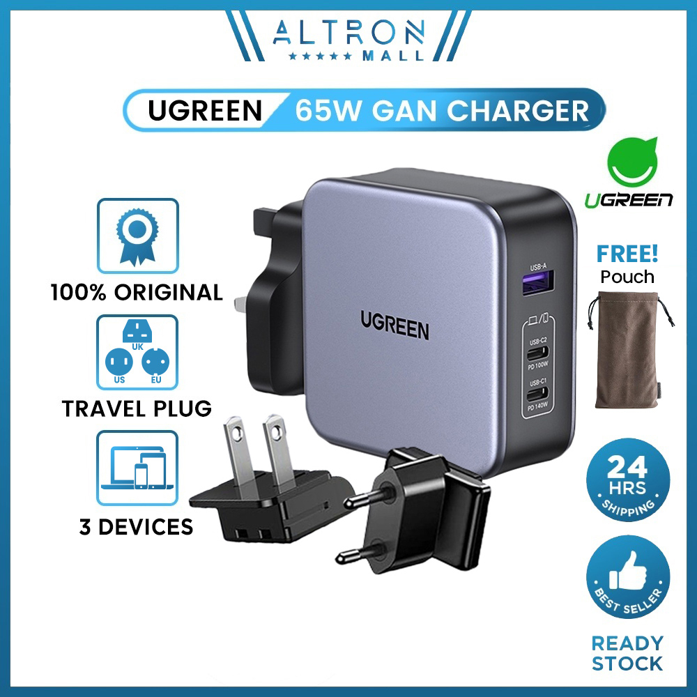 UGREEN GaN 65W Fast Charger 3-Port Type C Universal Travel Power ...