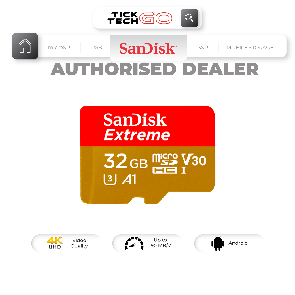 SanDisk Extreme microSD (32GB/64GB/128GB) A1/A2 Class 10 U3 UHS-I - Main Image