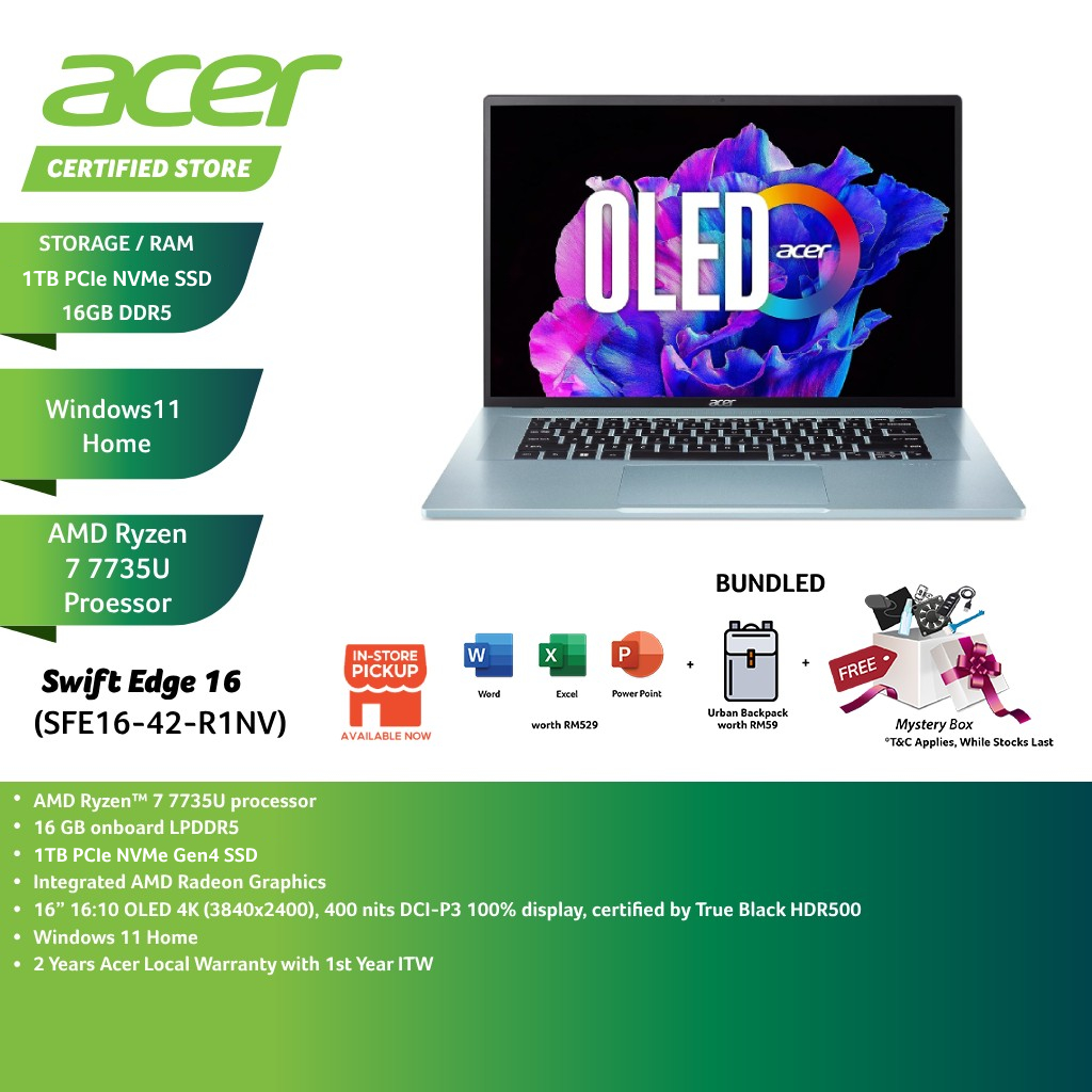 Acer Swift Edge 16 SFE16-42-R1NV 16'' 4K UHD OLED Laptop White ( Ryzen ...