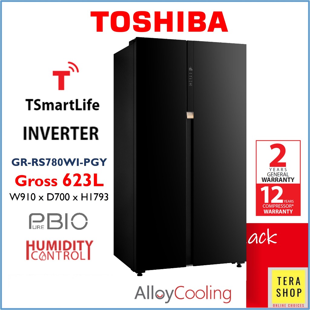 Toshiba RS780WI 623L Black Glass Door Wifi Inverter Side by Side Fridge