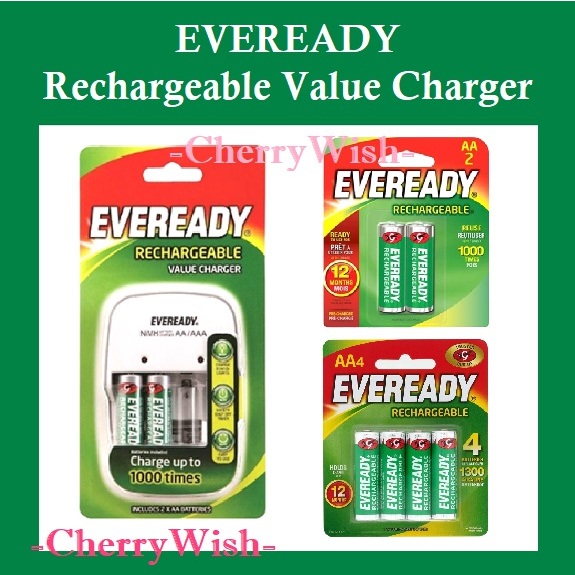 Eveready Rechargeable Value Charger With Aa2 Aa4 Rechargeable Batteries 12v 1300mah Nimh 9154